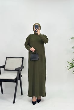 9132 G196+Düz Triko Elbise Asker Yeşili