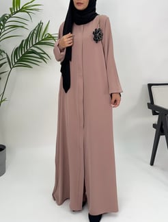 6413-medine ipeği kumaş-boydan gizli fermuarlı çiçek broş detaylı ferace-vizon