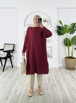 9742-linda kumaş-yanları yırtmaçlı çizgili tunik-bordo