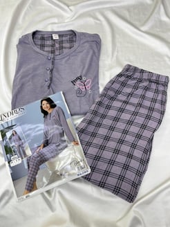 Ç30225 - uzun kollu bambu kareli  pijama takımı - mürdüm