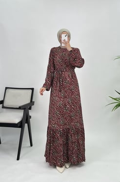 6244 G81+Pamuk Viskon Kumaş Bengal Desenli Elbise Kırmızı