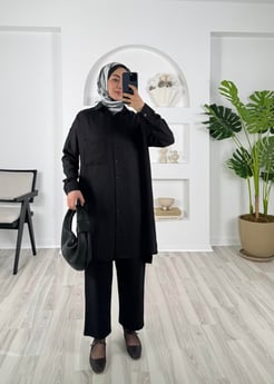 2511 Melanj keten kumaş cepli gömlek siyah