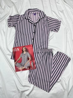 Ç13560 - GÖMLEK YAKA KISA KOLLU ÇIZGILI PIJAMA TAKIMI - PUDRA 