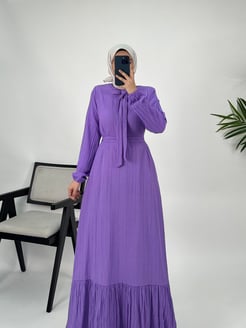 8617 kaş kumaş yakası bağcıklı elbise lila