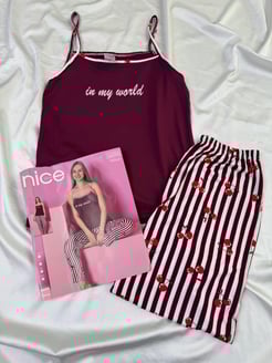 Ç4575 - milan kumaş ip askılı kirazlı pijama takımı - bordo 