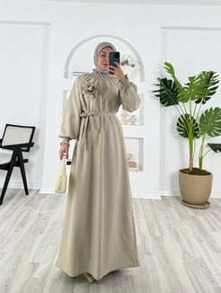 7544-sofia keten kumaş-boyun detaylı bilek ucu lastikli elbise-taş