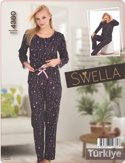 Ç4380 - SWELLA UZUN KOLLU KALPLİ PIJAMA TAKIMI - LACIVERT 