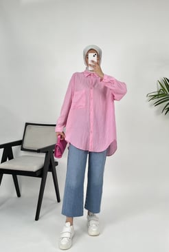 7933-model kumaş-boydan düğmeli cepli tunik-pembe