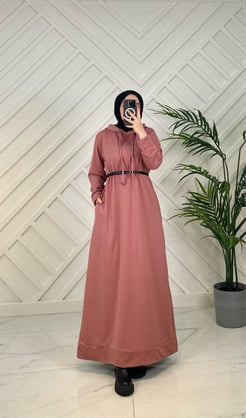 4284 D11 iki iplik kumaş kapşonlu elbise Gül-kurusu 