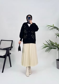 2862 A228+Baklava Desenli Çiçekli Triko Hırka Siyah