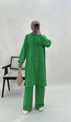 801245 D63 iki iplik kumaş kapşonlu tunik takım benetton yeşili