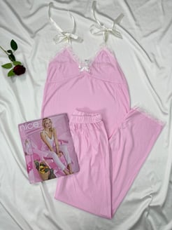 Ç1051 - NICE FITILLI DANTEL DETAYLI  PIJAMA TAKIMI - PEMBE 