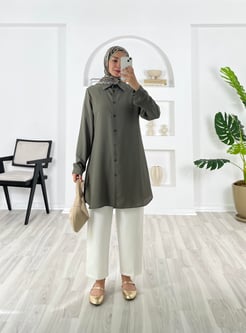 8259-jesika kumaş-düz model tunik-haki