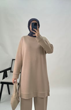 0455-oysho kumaş-yanları yırtmaçlı pantolonlu takım-taş