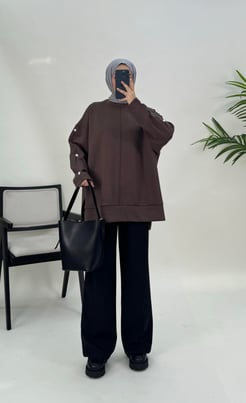 9037-oysho kumaş-kolu düğme detaylı önü çizgili tunik-acı kahve