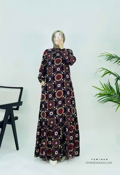 9631 F-6 YANI+VİSKON KUMAŞ REYHAN ELBİSE SİYAH-KIRMIZI 