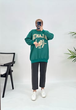 3596 K35+Üç İplik Atlanta Baskılı Sweatshirt Yeşil