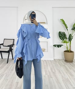 7511-poplin kumaş-fırfırlı kemerli gömlek-bebe mavisi