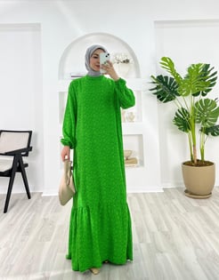2463-pamuk viskon kumaş-yaprak desenli elbise-benetton yeşili