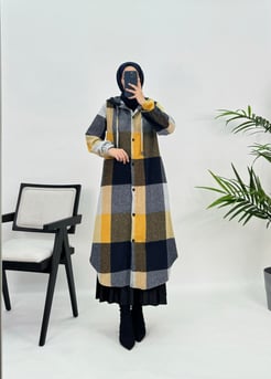 2134 N417ekose oduncu kumaş kapüşonlu uzun tunik-SARI