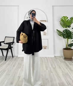 7847-sofia keten kumaş-önden bağlamalı kimono-siyah