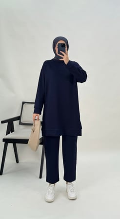 0455-oysho kumaş-yanları yırtmaçlı pantolonlu takım-lacivert