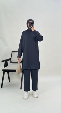 0455-oysho kumaş-yanları yırtmaçlı pantolonlu takım-füme