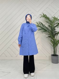 1263 A156+terikoton kumaş boydan düğmeli yakalı tunik mavi