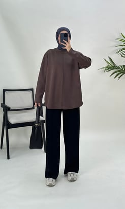 2778-oysho kumaş-önü çizgi detaylı tunik-acı kahve