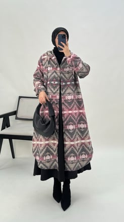 2785-jakar oduncu kumaş-boydan düğmeli kapşonlu kap-pembe-gri