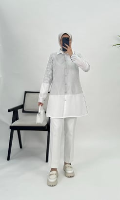 6172-poplin kumaş-çizgili düğmeli tunik-beyaz