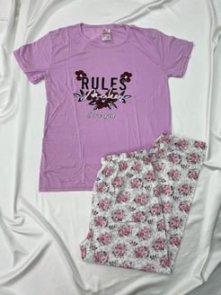 Ç2322 Pamuk Viskon Kısa Kollu Pijama Takımı Pembe Çiçek Desen