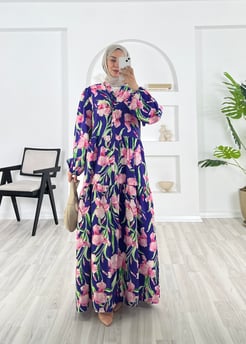 0289-lilium kumaş-çiçek desenli elbise-mor
