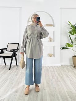 3057-çilek kumaş-tek cepli kolu apoletli kemerli gömlek-gri