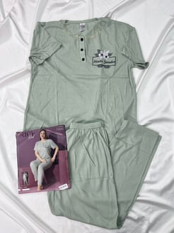 Ç7353 Fitilli Kısa Kollu Battal Beden Düğmeli Pijama Takımı Su Yeşili