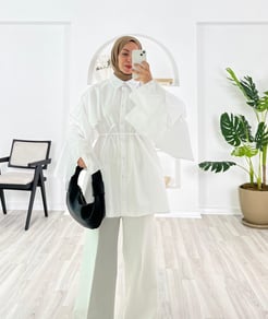 1308 poplin kumaş kolları fırfırlı beli baglamalı gömlek - beyaz