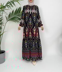 23248 D68+pamuk viskon kumaş-seyyar kemerli-desenli elbise-siyah