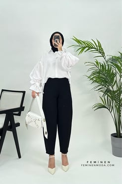 6260 A100+Beli Lastikli Sukuba Kumaş Şalvar Model Pantolon SİYAH 