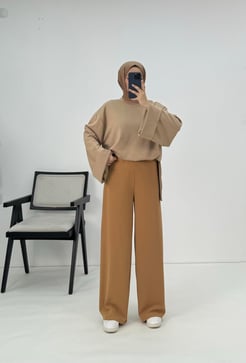 3278-sukuba krep kumaş-beli lastikli pantolon-sütlü kahve