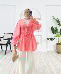 4182-poplin kumaş-önden bağlamalı bilek ucu lastikli kimono-pembe