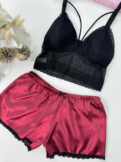 Ç028 - SATEN ŞORTLU BRALET TAKIM -   BORDO