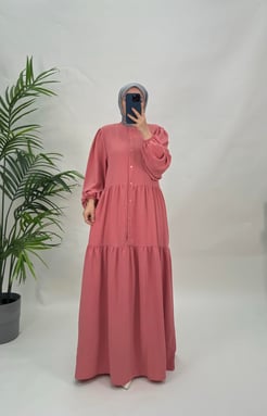 6394-ayrobin kumaş-seyyar kemerli beline kadar düğmeli elbise-gül kurusu