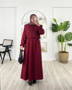 9573-melanj keten kumaş-yelekli elbise-bordo