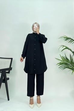 2059 B69+Sofia keten kumaş boydan düğmeli tunik siyah
