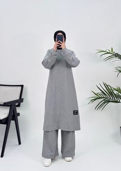 7894  C97+iki iplik kumaş tunik takım gri