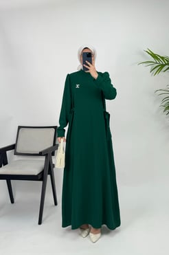 5168-twil kumaş-hakim yaka bronşlu kuşaklı elbise-yeşil