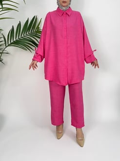 4261-melanj keten kumaş-kolu ipli pantolonlu tunik takım-pembe