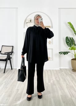 6647-dubai kumaş-gizli düğmeli kemerli tunik-siyah