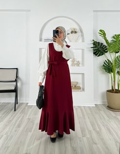 4875-dabıl krep kumaş-etek kısmı fırfırlı kemerli jile-bordo