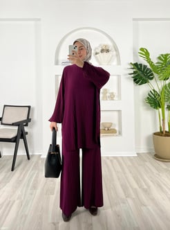 3195-sandy kumaş-pantolonlu takım-patlıcan moru